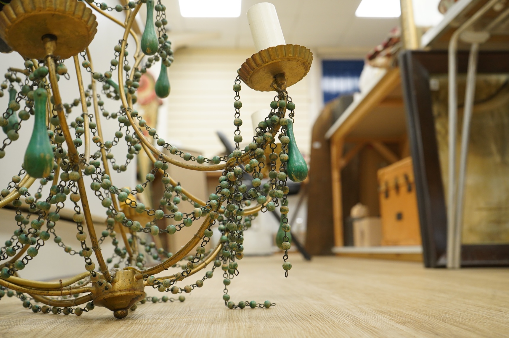 A beaded and gilt metal six branch electrolier, 86cm high